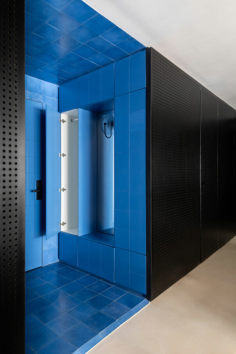 Baño moderno con paredes azules brillantes y área de ducha, contrastado con paneles perforados negros y un piso de color claro.