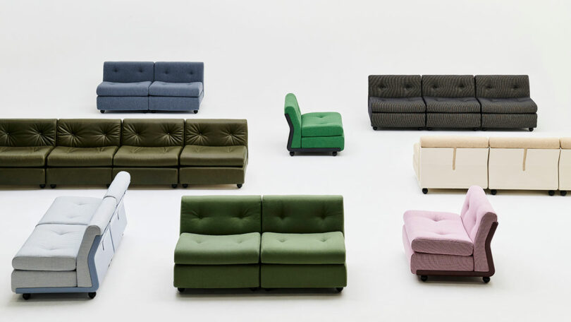 A variety of modular sofas in different colors and fabrics are arranged on a white background, showcasing multiple configurations and styles.