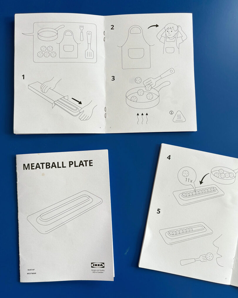 IKEA Instructions for use on the blue surface, illustrate the steps to prepare and serve the meat circuits on the board using simple line drawings.