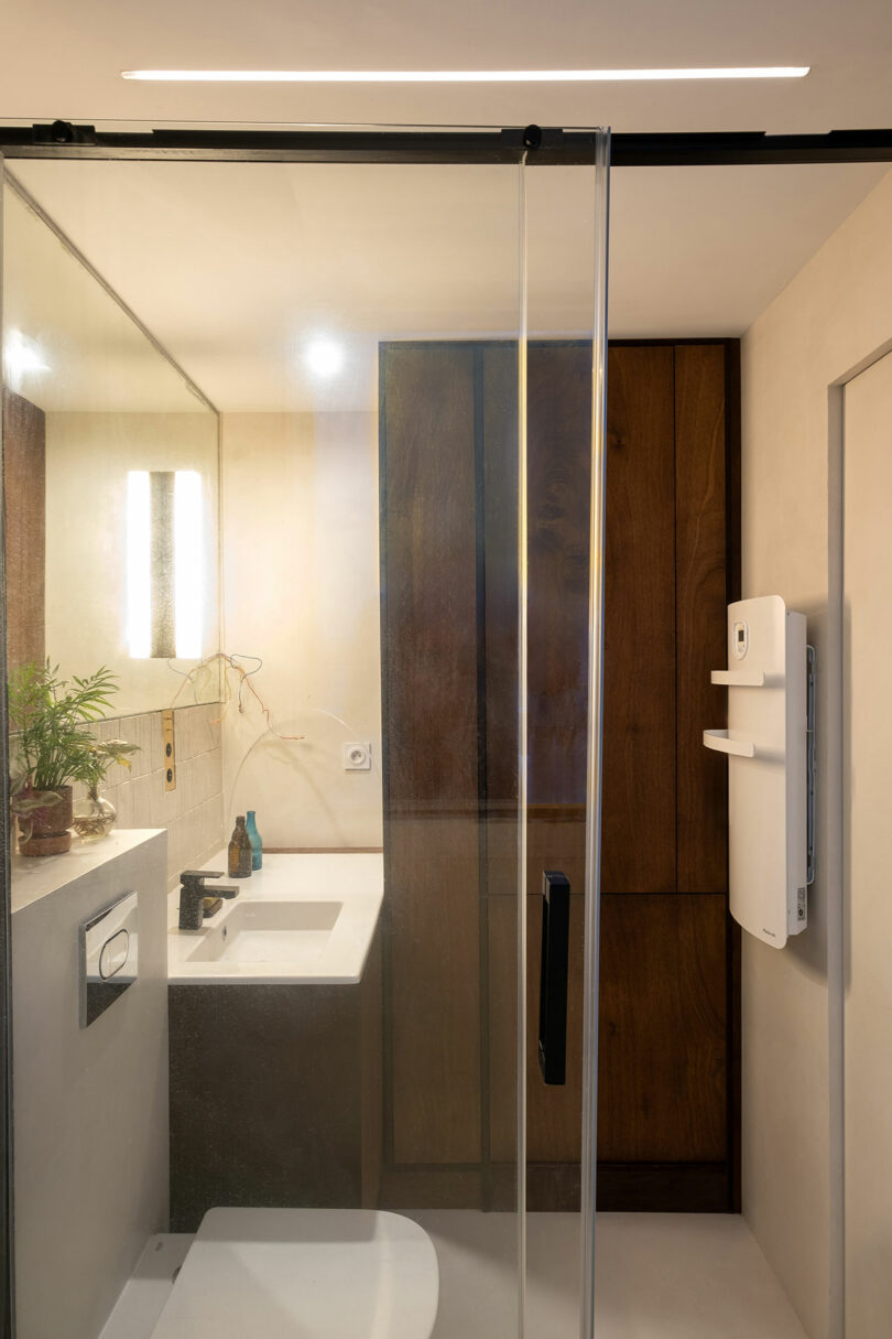 Baño moderno con puerta de ducha de vidrio, fregadero blanco, inodoro montado en la pared, gran gabinete de madera, espejo y una pequeña planta en maceta en el mostrador.