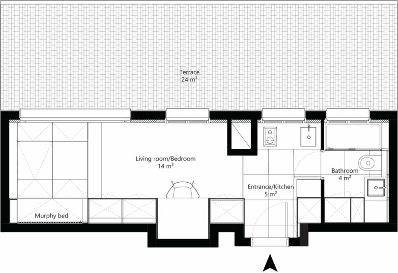 Plano de planta en blanco y negro de un apartamento pequeño con áreas etiquetadas: terraza (24 m²), sala de estar/dormitorio (14 m²), entrada/cocina (5 m²), baño (4 m²) y cama Murphy.