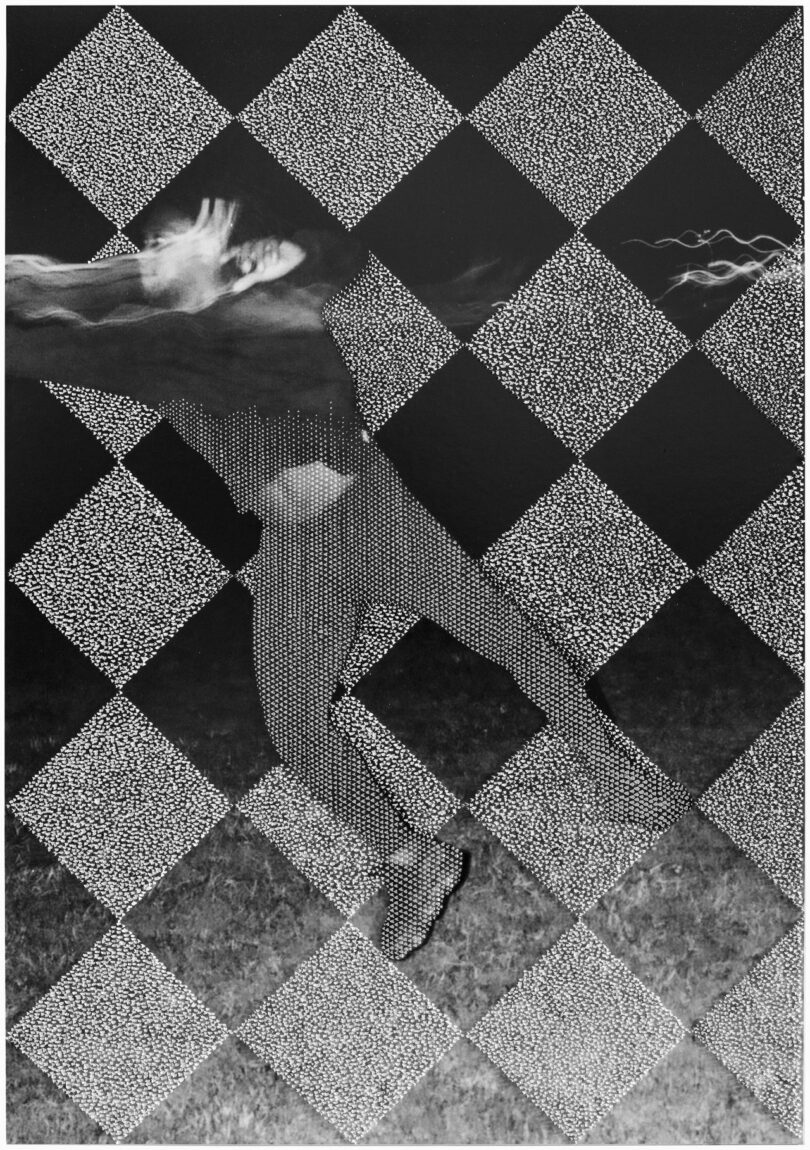 checkerboard artwork with jumping figure