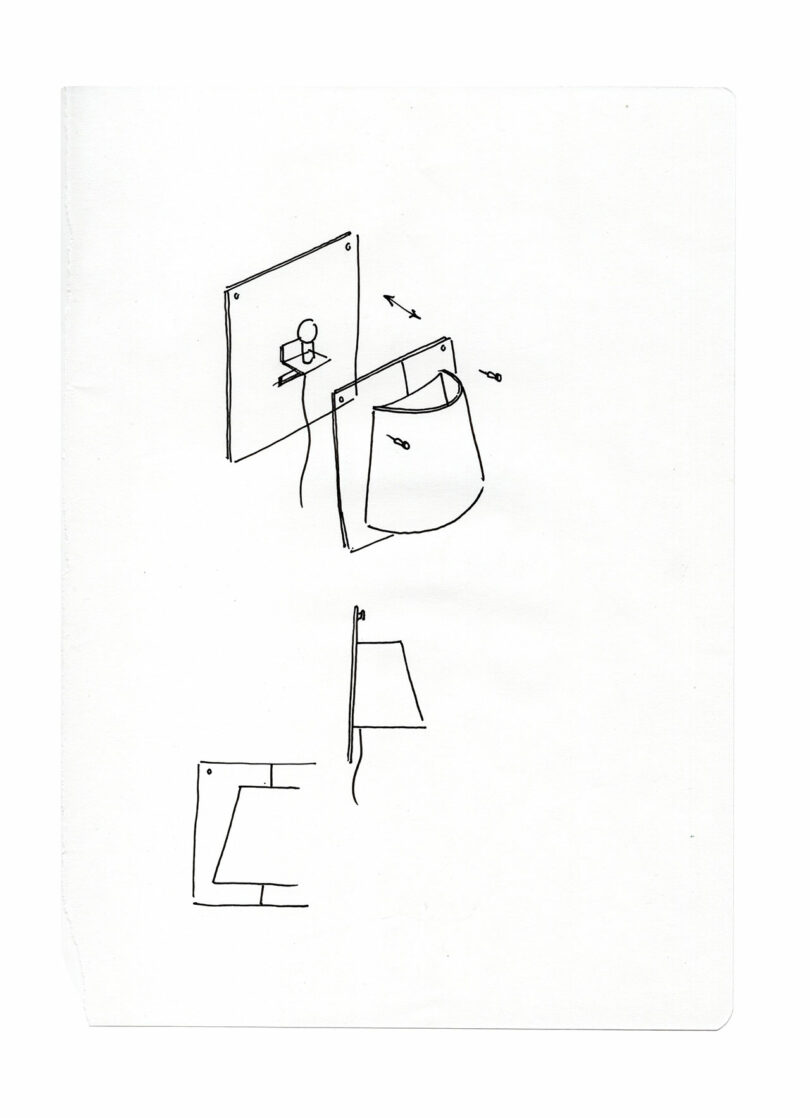 Black ink sketches show parts of a sconce assembly: a square with a cord, a curved sheet, and the final sconce.