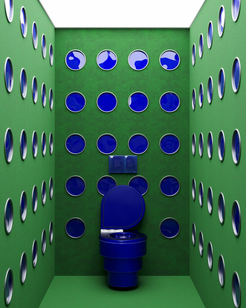 A blue toilet in a small green room with circular windows covering the walls.