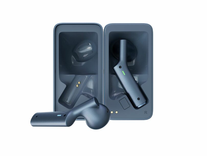 A pair of wireless earbuds with a matte finish are shown, one inside and one outside a rectangular charging case, both marked for the right ear.