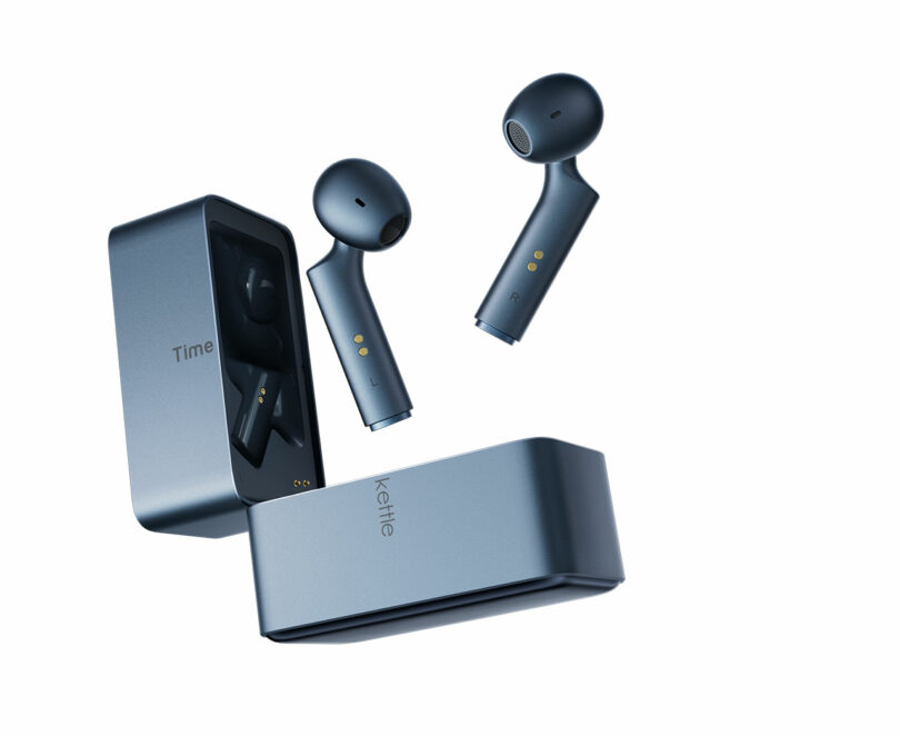 A pair of wireless earbuds floating above an open charging case, both labeled with the words "Time" and "Kettle," against a white background.