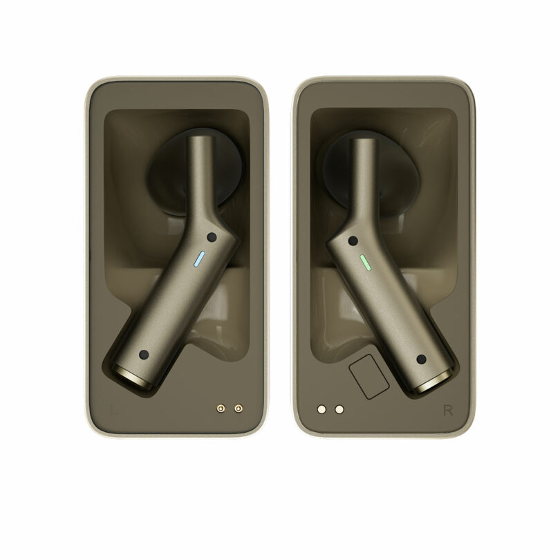 A pair of wireless earbuds in a rectangular case, with one earbud marked "L" and the other marked "R," both featuring indicator lights.