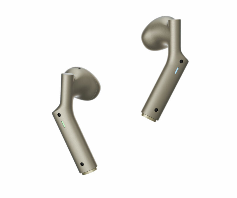 Two wireless earbuds in metallic gray with small indicator lights, shown on a white background.