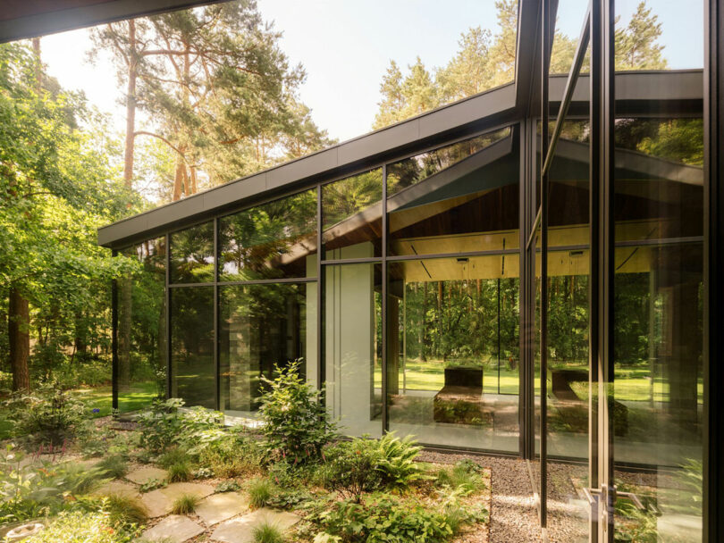 Modern glass house with large windows reflecting surrounding trees, featuring a minimalist interior and stone path leading to the entrance.
