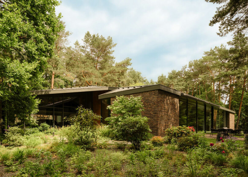 Modern house with large glass windows and brick walls, surrounded by lush greenery and tall trees under a partly cloudy sky.
