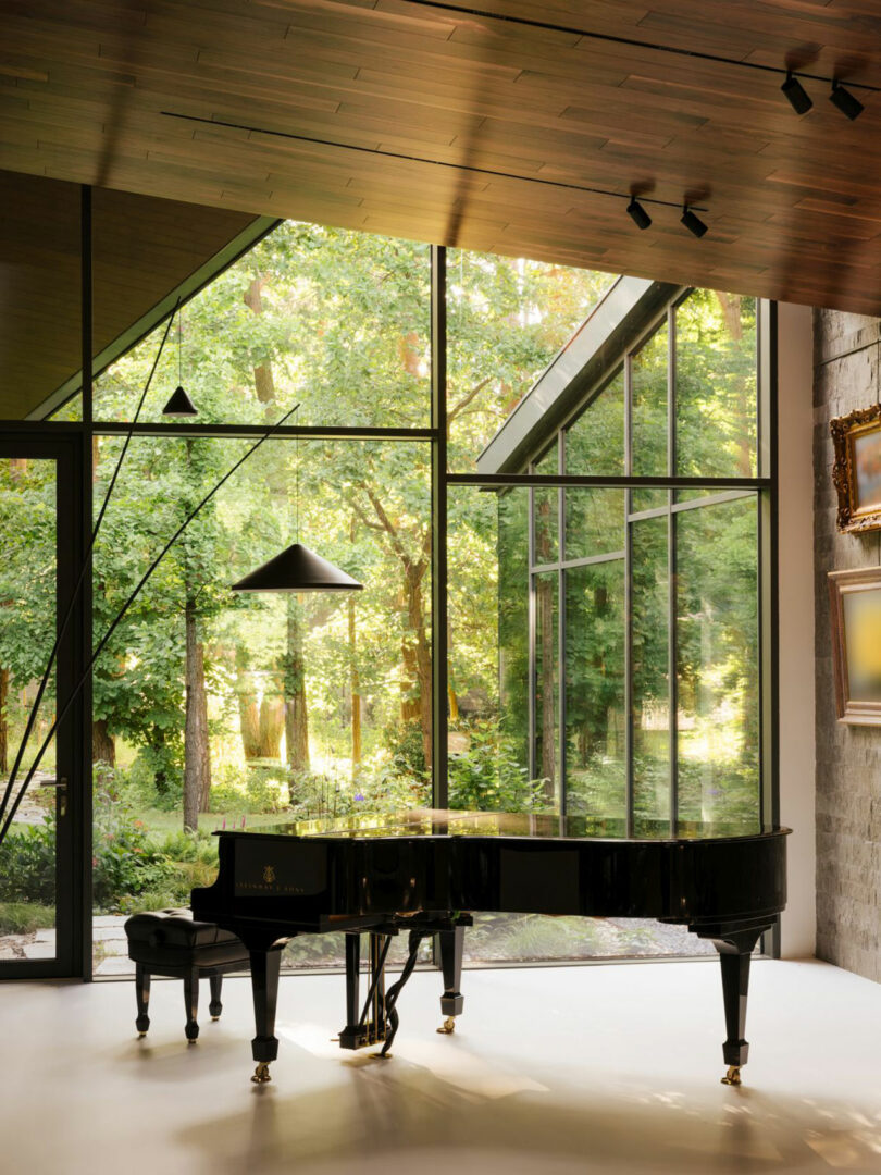 A black grand piano with a matching bench sits in front of tall, floor-to-ceiling windows overlooking a lush, green forest.