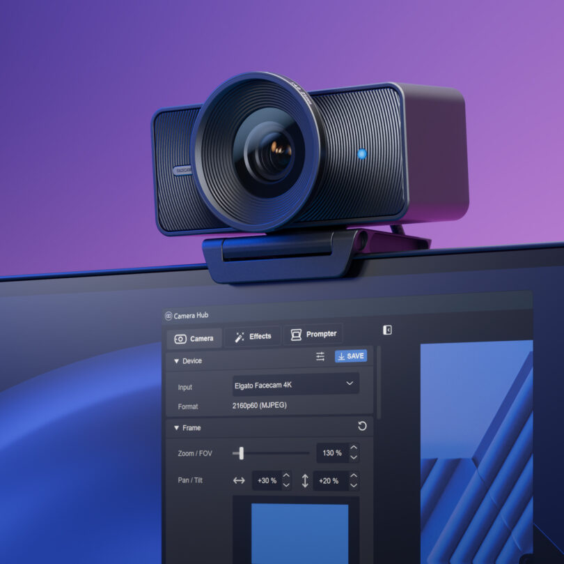 An Elgato 4K webcam sits atop a monitor displaying camera settings, featuring zoom and resolution options, against a blue and purple gradient background.