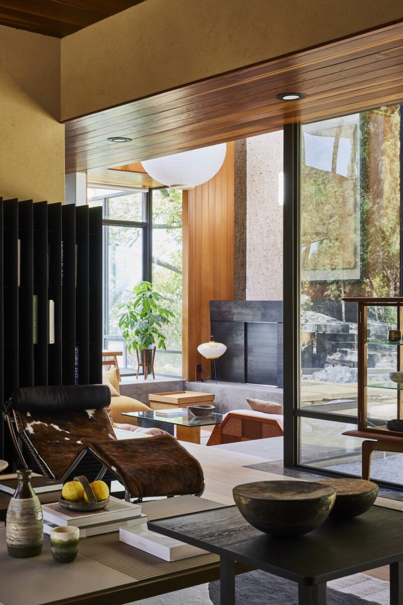 Modern living room with large windows, wooden ceilings, contemporary furniture, and indoor plants, allowing natural light to illuminate the space.