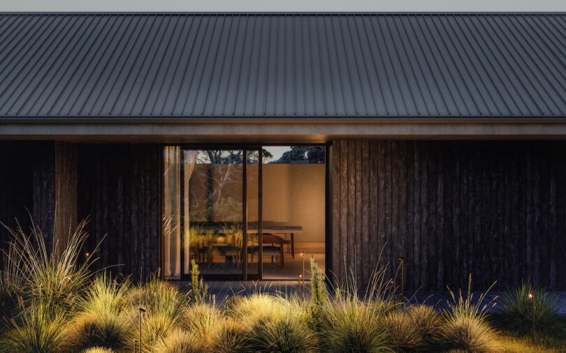 Modern house exterior with a metal roof, dark vertical siding, large glass sliding door, and landscaped garden with grasses illuminated at dusk