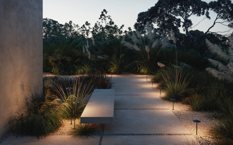 A modern garden path with large concrete slabs, a floating bench, ornamental grasses, and subtle ground lighting at dusk
