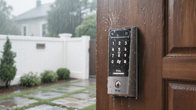 El bloqueo inteligente TCL D2 Pro Digital Keypad está montado en puertas de madera húmedas bajo la lluvia con un patio borrosa al aire libre y una cerca blanca en el fondo.