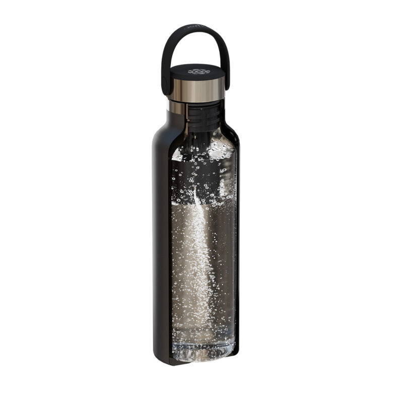A clear water bottle with a black cap and handle, partially filled with carbonated water, shown against a plain white background.