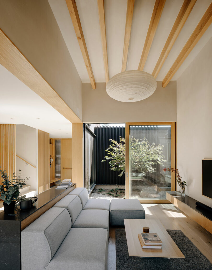 Modern living room with light wood accents, a gray sectional sofa, a low coffee table, a large paper lantern ceiling light, and floor-to-ceiling glass doors opening to a small garden.