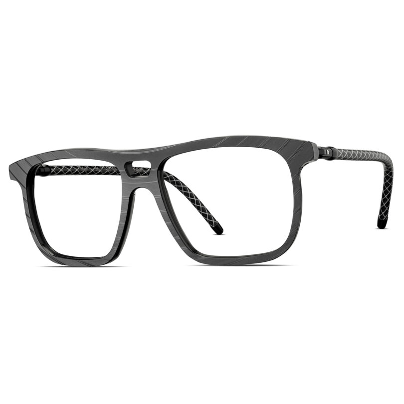 Black rectangular eyeglasses with a keyhole bridge and diamond-patterned detailing on the arms, shown on a white background.