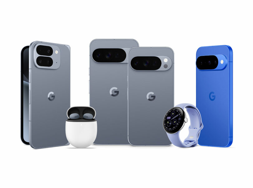 Una alineación de dispositivos de Google incluye teléfonos inteligentes en auriculares grises y azules, auriculares inalámbricos con estuche y relojes inteligentes con correas de lavanda.