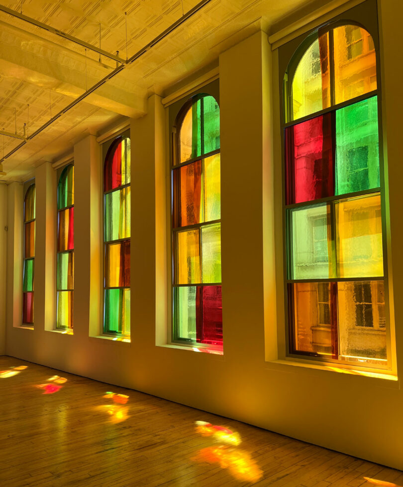 wall of large stained glass windows