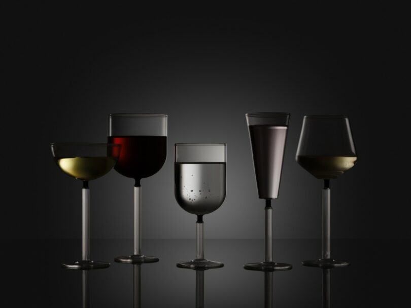 Five different types of glasses are filled with various drinks—white wine, red wine, water, champagne, and rosé—set against a dark, gradient background