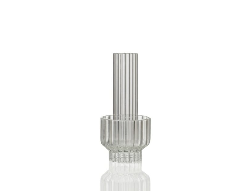 Clear glass vase with vertical ribbed texture, featuring a cylindrical neck and a rounded base, placed against a white background