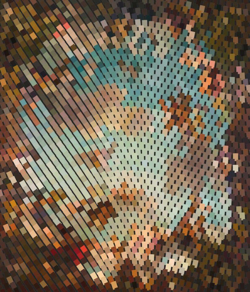 Abstract image with rectangular and square tiles arranged diagonally, featuring a mix of blue, cream, brown, and orange hues in a pixelated, mosaic-like pattern