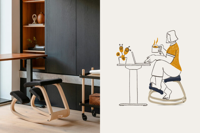 A kneeling ergonomic chair is shown next to an illustration of a person using a similar chair while working at a desk and drinking coffee.