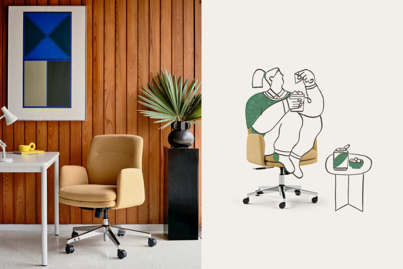 A beige office chair is placed next to a white desk and a black plant stand in a room with wood-paneled walls; an illustration of a person overlaps the chair on the right side.