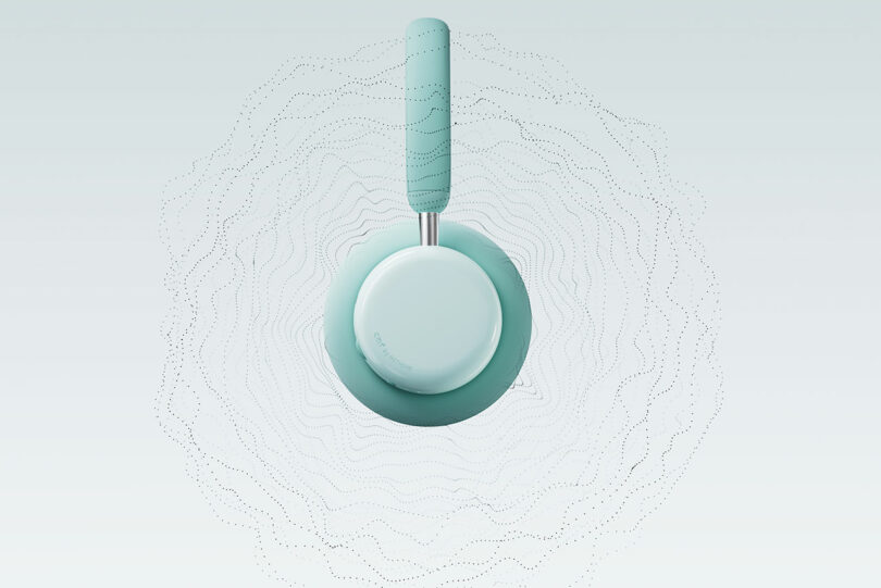 A top view of a single teal over-ear headphone with a padded headband, surrounded by abstract dotted sound wave patterns on a light background.