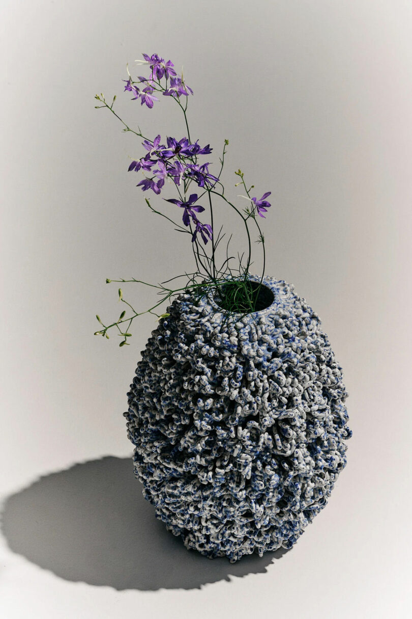 Textured, round ceramic vase with a rough, bumpy surface, holding delicate purple flowers and thin green stems, set against a neutral background.