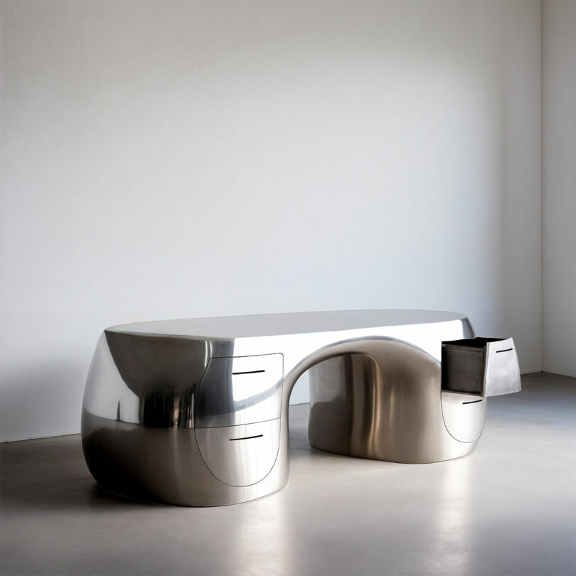 A large, metallic, curved desk by Paddy Pike with a smooth surface and rounded edges, featuring built-in drawers, one of which is open, set against a plain white wall.