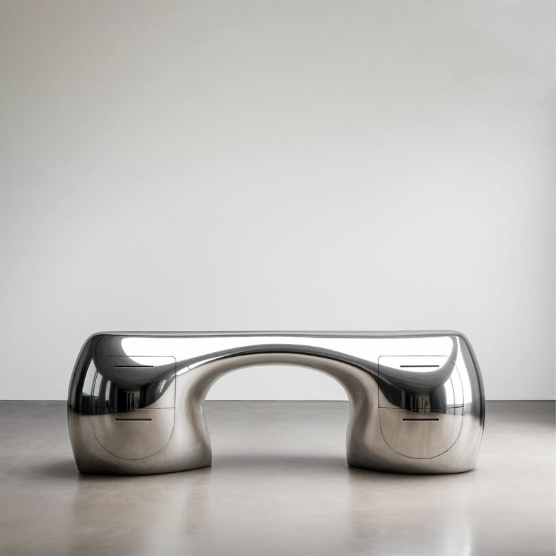 A modern, reflective metallic desk by Paddy Pike with curved, sculptural lines and two built-in drawers, set against a plain, light-colored wall and floor.