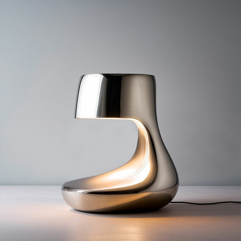 A modern, metallic table lamp by Paddy Pike features a smooth, curved design and emits light from its underside, placed on a plain surface against a neutral background.