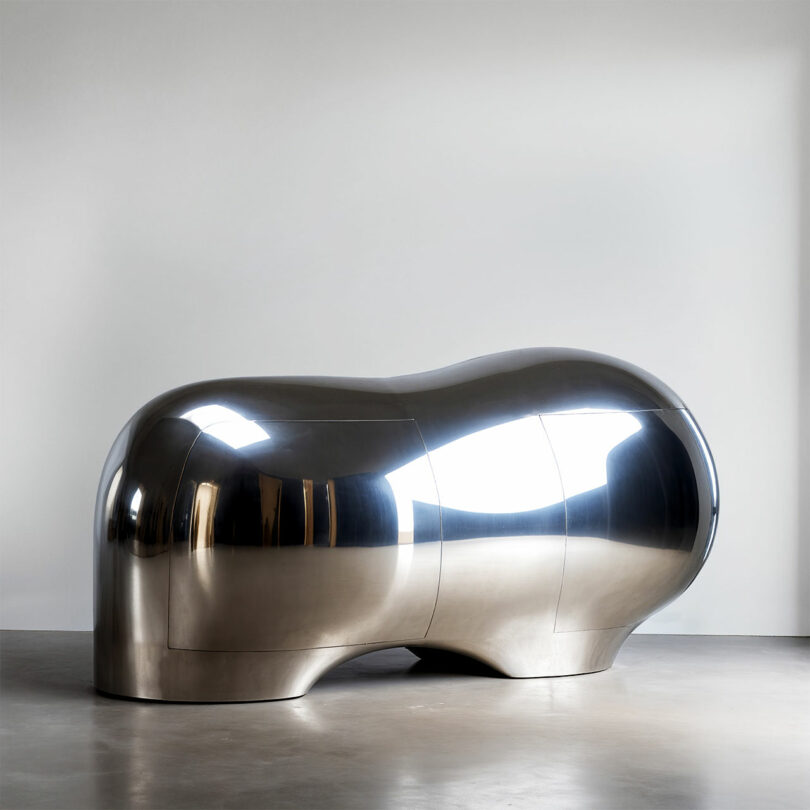 A large, shiny, abstract metal sculpture by Paddy Pike with smooth, rounded contours stands on a plain concrete floor against a neutral wall.
