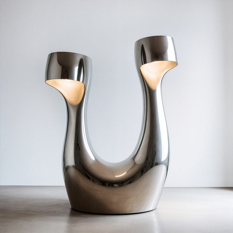 A polished metal sculpture by Paddy Pike features two upward-curving arms, each ending in a rounded lamp emitting soft light, set against a plain background.