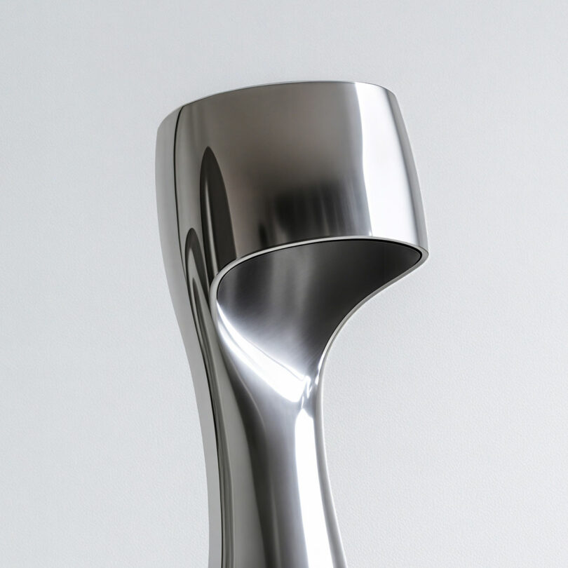 A close-up view of a modern, polished metallic sculpture by Paddy Pike, featuring smooth, curved surfaces against a plain light-grey background.