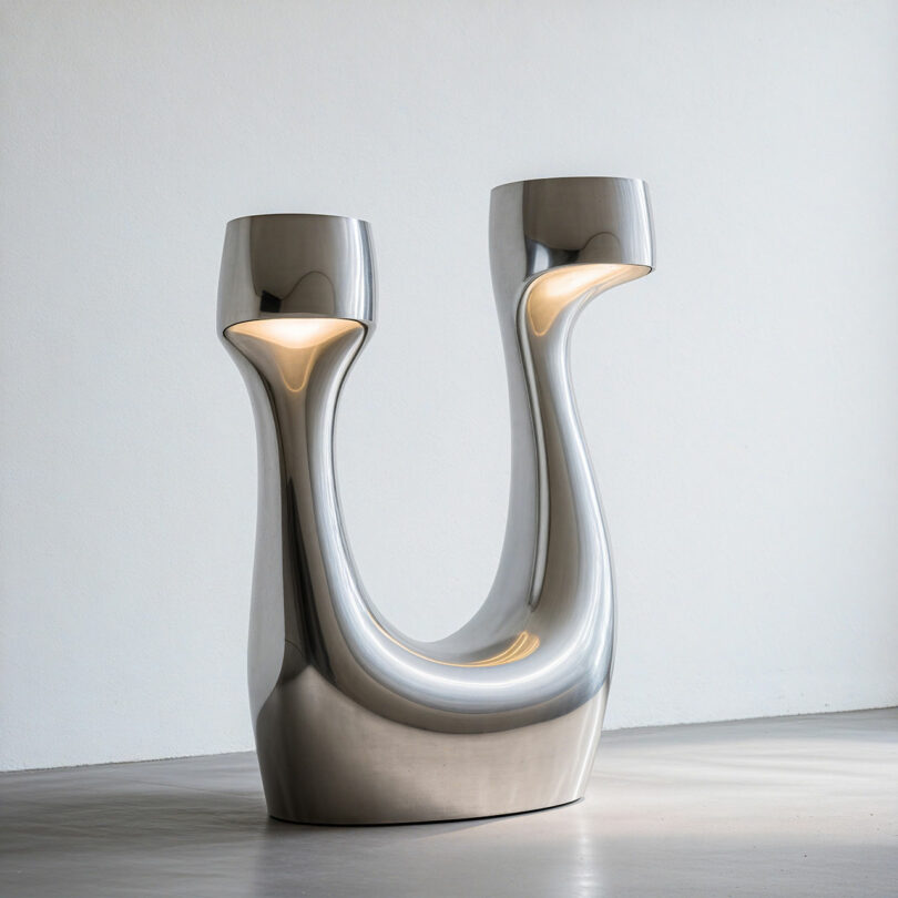 Polished metallic sculpture by Paddy Pike with two upward-curving arms, each topped with a light source, placed on a smooth concrete floor against a plain white wall.