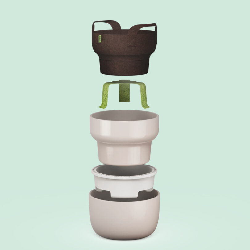 A multi-part Tendril Planter is shown in an exploded view, featuring a fabric grow bag, a support structure, an inner pot, a water reservoir, and an outer pot.