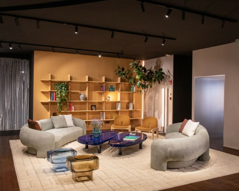 A modern living room features curved sofas, a purple coffee table, two amber side tables, a large rug, wall shelving with decor, and plants against a mustard yellow accent wall