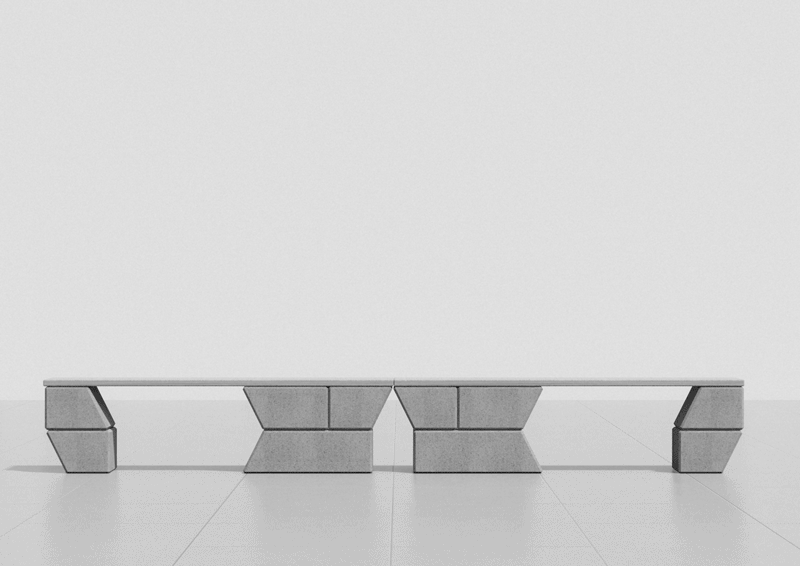 A minimalist concrete bench with geometric, block-like supports is displayed against a plain, light background