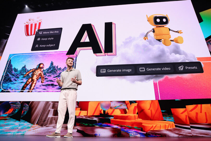 Una persona está en el escenario de Adobe MAX 2025, con una gran pantalla frente a él que muestra gráficos relacionados con la IA, incluidos robots, paisajes digitales y opciones de texto, como "generar imagen" y "Generar vídeo.