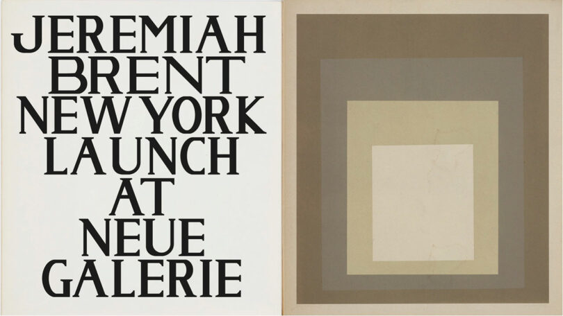 Un cartel con un gran texto negro que anuncia "Jeremiah Brent Neue Galerie Conferencia de Nueva York" El nombre de Jeremiah Brent aparece junto al arte abstracto de cuadrados en capas en colores pastel.