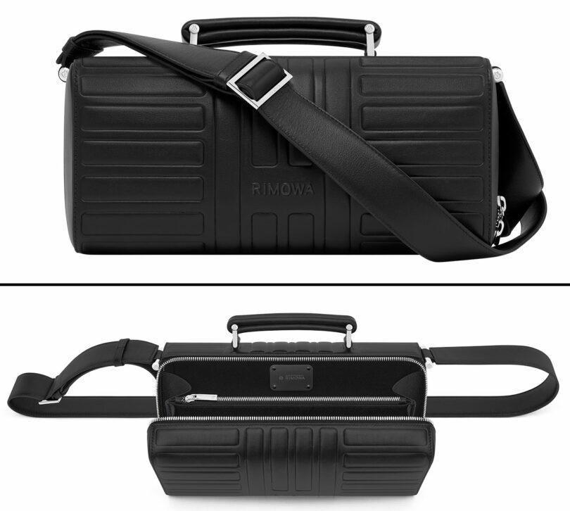 Bolso Rimowa rectangular de color negro con exterior texturizado, asa superior, bandolera ajustable y apertura con cremallera (visible desde las vistas frontal y superior).