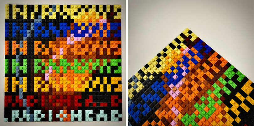 Un mosaico cuadrado hecho de coloridos ladrillos Lego que forman una imagen pixelada, mostrado desde arriba y en un primer plano en ángulo.