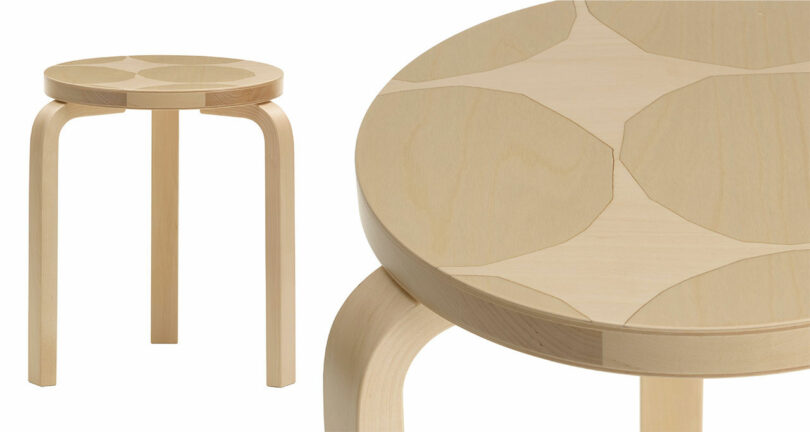 A round, light wood stool with three curved legs and a geometric pattern on the seat. Close-up shows detail of the seat’s segmented wood design.