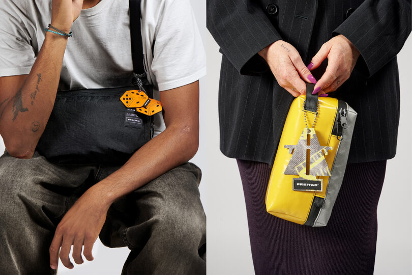 Split image showing a seated person holding a black shoulder bag with orange dice and another person holding a yellow and gray pouch with a patch, both bags labeled with “FREITAG.”.