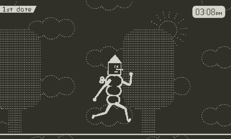 Pixel art scene of a running geometric character in a dotted landscape with trees, clouds, a time display reading 03:08PM, and a label that says “1st date.”.