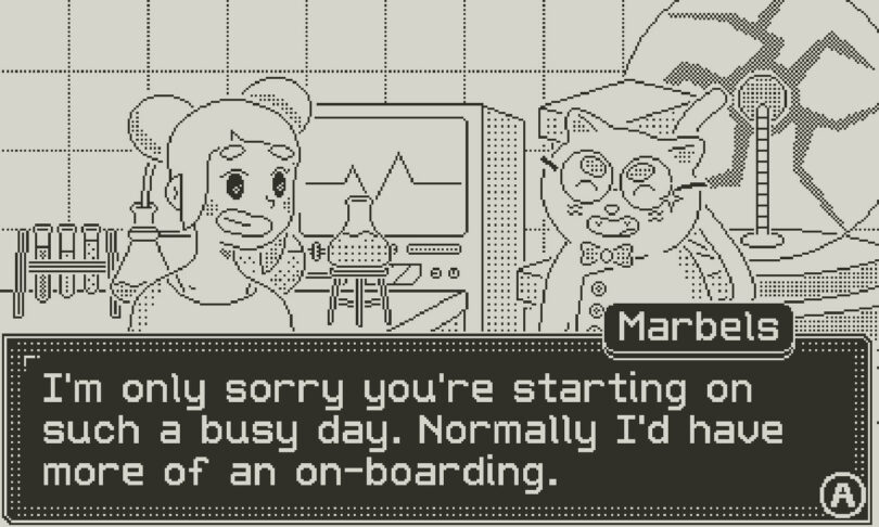 Pixel art scene with a smiling woman and a cat in a lab; dialogue box reads, "I'm only sorry you're starting on such a busy day. Normally I'd have more of an on-boarding.
